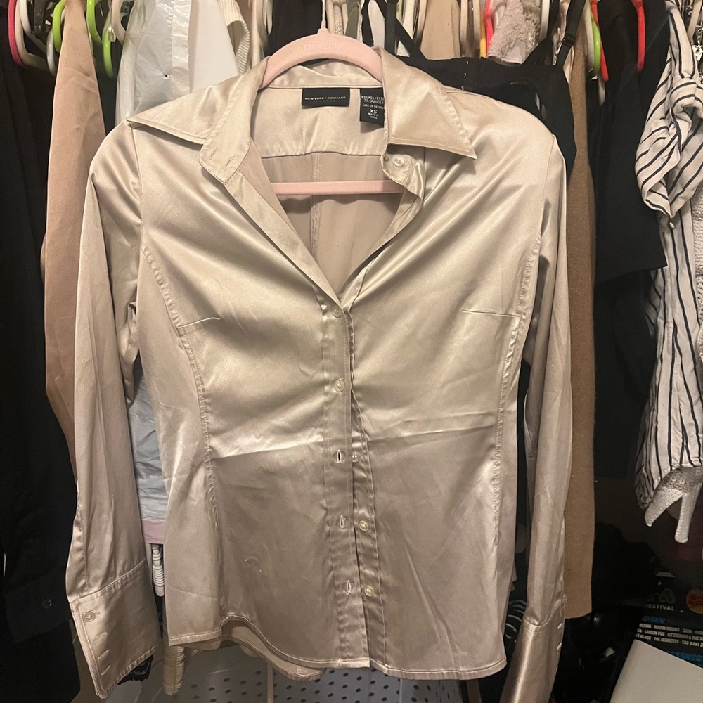 New York & Company Beige Button-Down Blouse